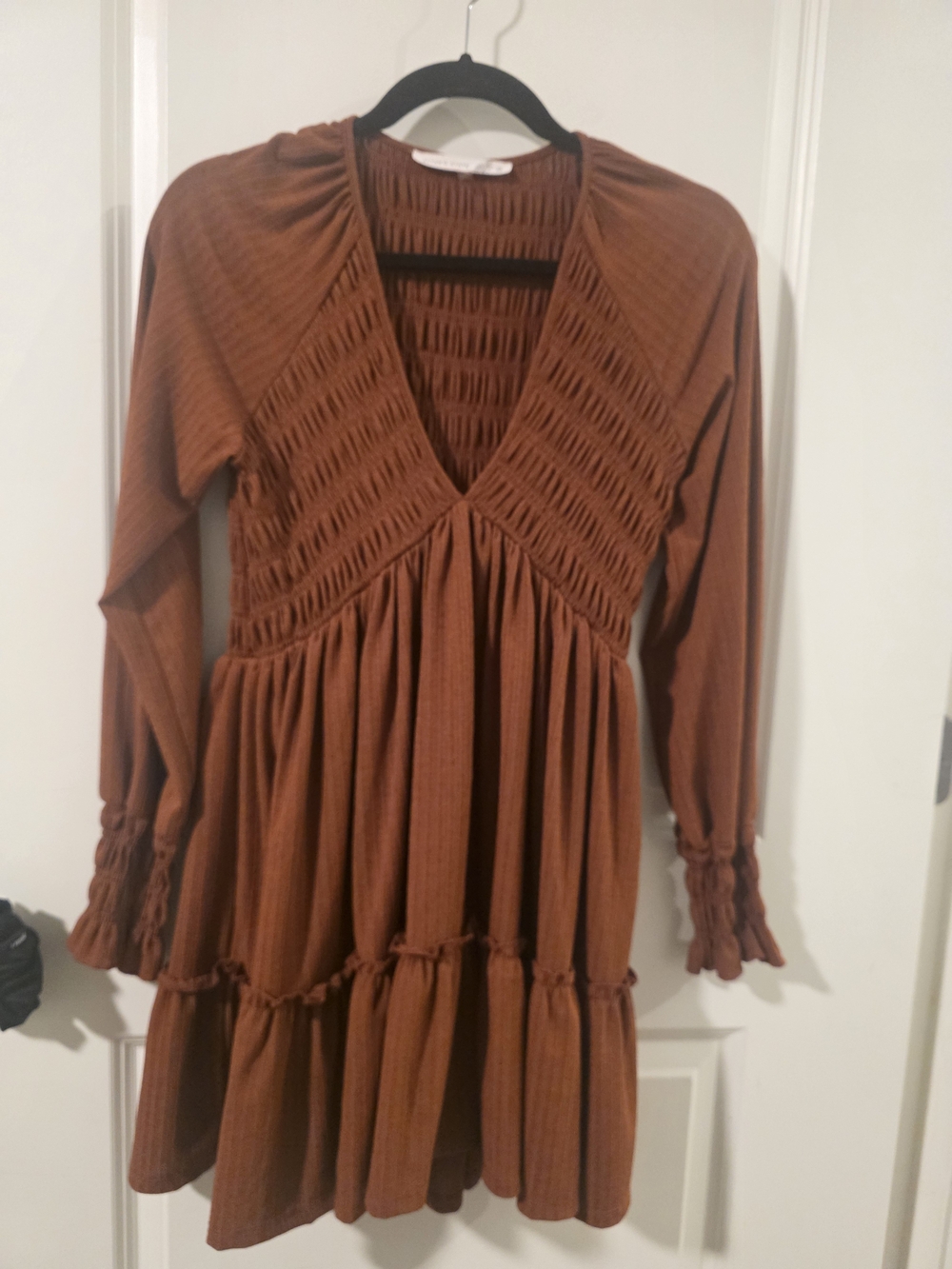 Altar'd State Rust Brown Smocked V-Neck Tiered Long Sleeve Dress